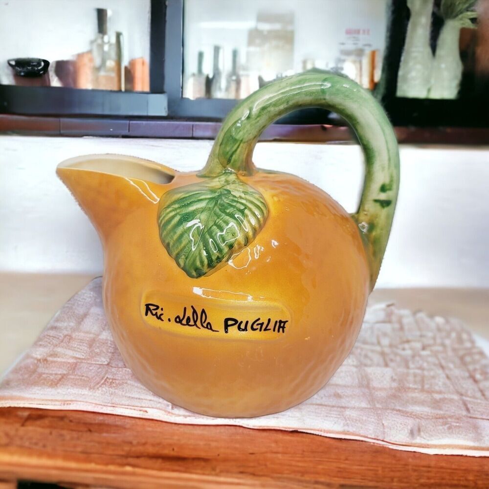 VINTAGE ORANGE SHAPED ITALIAN POTTERY PITCHER GLAZED CERAMIC